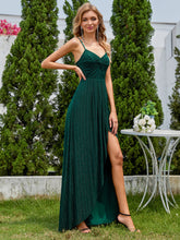 Load image into Gallery viewer, Color=Dark Green | Graceful Spaghetti Straps Split Pleated Empire Waist V Neck Floor Length Chiffon Dresses with Shimmer-Dark Green 28