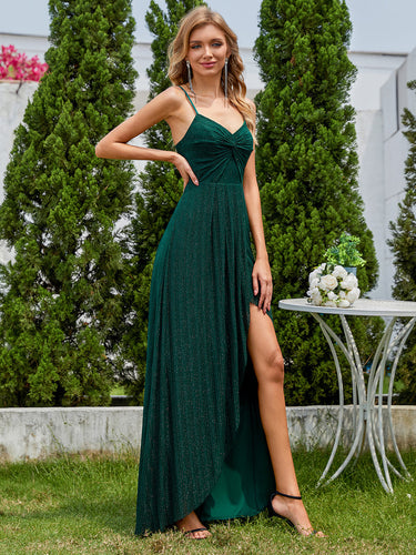 Color=Dark Green | Graceful Spaghetti Straps Split Pleated Empire Waist V Neck Floor Length Chiffon Dresses with Shimmer-Dark Green 28