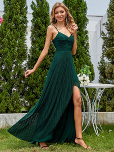 Color=Dark Green | Graceful Spaghetti Straps Split Pleated Empire Waist V Neck Floor Length Chiffon Dresses with Shimmer-Dark Green 29