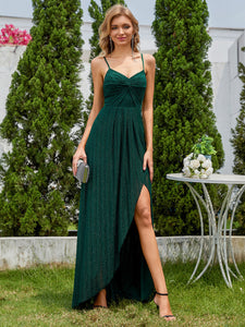 Color=Dark Green | Graceful Spaghetti Straps Split Pleated Empire Waist V Neck Floor Length Chiffon Dresses with Shimmer-Dark Green 26