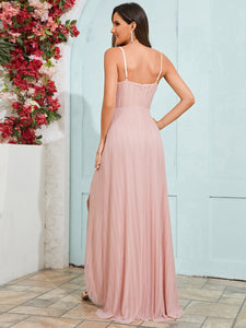 Color=Pink | Graceful Spaghetti Straps Split Pleated Empire Waist V Neck Floor Length Chiffon Dresses with Shimmer-Pink 32