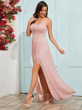 Load image into Gallery viewer, Color=Pink | Graceful Spaghetti Straps Split Pleated Empire Waist V Neck Floor Length Chiffon Dresses with Shimmer-Pink 34