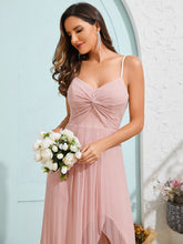 Load image into Gallery viewer, Color=Pink | Graceful Spaghetti Straps Split Pleated Empire Waist V Neck Floor Length Chiffon Dresses with Shimmer-Pink 36