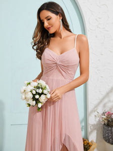 Color=Pink | Graceful Spaghetti Straps Split Pleated Empire Waist V Neck Floor Length Chiffon Dresses with Shimmer-Pink 36