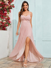 Load image into Gallery viewer, Color=Pink | Graceful Spaghetti Straps Split Pleated Empire Waist V Neck Floor Length Chiffon Dresses with Shimmer-Pink 31