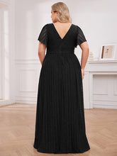 Load image into Gallery viewer, Color=Black | Plus Size Elegant See-Through Deep V Neck Floor Length Short Ruffles Sleeves Sequin Evening Dresses  -Black 2