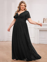 Load image into Gallery viewer, Color=Black | Plus Size Elegant See-Through Deep V Neck Floor Length Short Ruffles Sleeves Sequin Evening Dresses  -Black 3