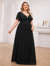 Load image into Gallery viewer, Color=Black | Plus Size Elegant See-Through Deep V Neck Floor Length Short Ruffles Sleeves Sequin Evening Dresses  -Black 4