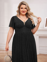 Load image into Gallery viewer, Color=Black | Plus Size Elegant See-Through Deep V Neck Floor Length Short Ruffles Sleeves Sequin Evening Dresses  -Black 5