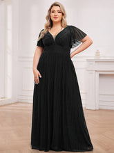 Load image into Gallery viewer, Color=Black | Plus Size Elegant See-Through Deep V Neck Floor Length Short Ruffles Sleeves Sequin Evening Dresses  -Black 1