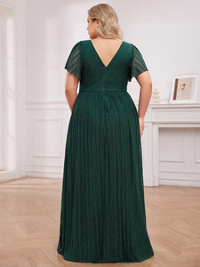 Color=Dark Green | Plus Size Elegant See-Through Deep V Neck Floor Length Short Ruffles Sleeves Sequin Evening Dresses  -Dark Green 7