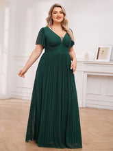 Load image into Gallery viewer, Color=Dark Green | Plus Size Elegant See-Through Deep V Neck Floor Length Short Ruffles Sleeves Sequin Evening Dresses  -Dark Green 9