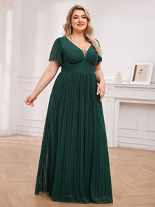 Color=Dark Green | Plus Size Elegant See-Through Deep V Neck Floor Length Short Ruffles Sleeves Sequin Evening Dresses  -Dark Green 9