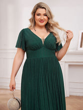 Load image into Gallery viewer, Color=Dark Green | Plus Size Elegant See-Through Deep V Neck Floor Length Short Ruffles Sleeves Sequin Evening Dresses  -Dark Green 10