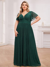 Load image into Gallery viewer, Color=Dark Green | Plus Size Elegant See-Through Deep V Neck Floor Length Short Ruffles Sleeves Sequin Evening Dresses  -Dark Green 6