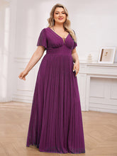 Load image into Gallery viewer, Color=Purple Wisteria | Plus Size Elegant See-Through Deep V Neck Floor Length Short Ruffles Sleeves Sequin Evening Dresses  -Purple Wisteria 14