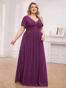 Color=Purple Wisteria | Plus Size Elegant See-Through Deep V Neck Floor Length Short Ruffles Sleeves Sequin Evening Dresses  -Purple Wisteria 14