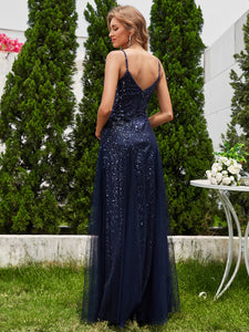 Color=Navy Blue | Glittery Halter Neck Pleated Formal Wholesale Evening Dress-Navy Blue 4