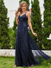 Load image into Gallery viewer, Color=Navy Blue | Glittery Halter Neck Pleated Formal Wholesale Evening Dress-Navy Blue 3