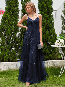 Color=Navy Blue | Glittery Halter Neck Pleated Formal Wholesale Evening Dress-Navy Blue 5