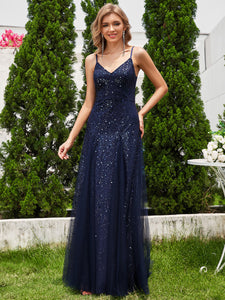 Color=Navy Blue | Glittery Halter Neck Pleated Formal Wholesale Evening Dress-Navy Blue 5