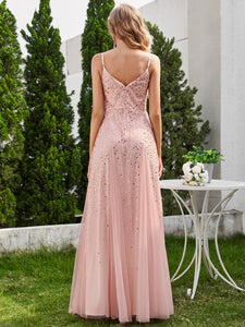 Color=Pink | Glittery Halter Neck Pleated Formal Wholesale Evening Dress-Pink 10