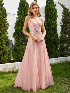 Color=Pink | Glittery Halter Neck Pleated Formal Wholesale Evening Dress-Pink 10