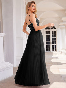 Sequin See Through V-Neck Sleeveless WholesaleTulle Evening Dress #color_Black