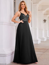 Load image into Gallery viewer, Sequin See Through V-Neck Sleeveless WholesaleTulle Evening Dress #color_Black