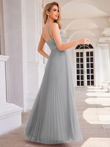 Sequin See Through V-Neck Sleeveless WholesaleTulle Evening Dress #color_Grey