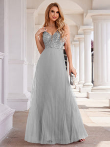 Sequin See Through V-Neck Sleeveless WholesaleTulle Evening Dress #color_Grey