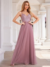 Load image into Gallery viewer, Sequin See Through V-Neck Sleeveless WholesaleTulle Evening Dress #color_Purple Orchid