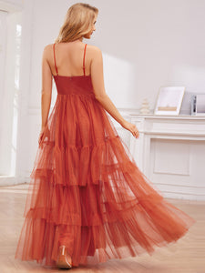 Color=Burnt Orange | Romantic Spaghetti Straps Sweetheart Neckline See-Through A-Line Layered Tulle Dress-Burnt Orange 2