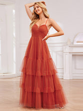 Load image into Gallery viewer, Color=Burnt Orange | Romantic Spaghetti Straps Sweetheart Neckline See-Through A-Line Layered Tulle Dress-Burnt Orange 3