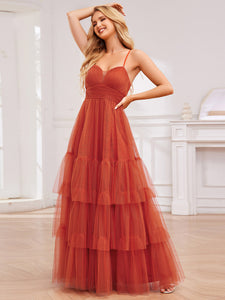 Color=Burnt Orange | Romantic Spaghetti Straps Sweetheart Neckline See-Through A-Line Layered Tulle Dress-Burnt Orange 3