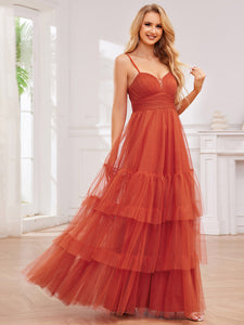 Color=Burnt Orange | Romantic Spaghetti Straps Sweetheart Neckline See-Through A-Line Layered Tulle Dress-Burnt Orange 4