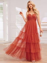 Load image into Gallery viewer, Color=Burnt Orange | Romantic Spaghetti Straps Sweetheart Neckline See-Through A-Line Layered Tulle Dress-Burnt Orange 1