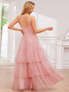 Color=Pink | Romantic Spaghetti Straps Sweetheart Neckline See-Through A-Line Layered Tulle Dress-Pink 14