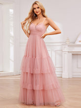 Load image into Gallery viewer, Color=Pink | Romantic Spaghetti Straps Sweetheart Neckline See-Through A-Line Layered Tulle Dress-Pink 15