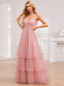 Color=Pink | Romantic Spaghetti Straps Sweetheart Neckline See-Through A-Line Layered Tulle Dress-Pink 15