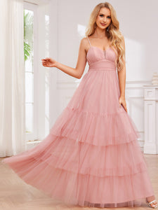 Color=Pink | Romantic Spaghetti Straps Sweetheart Neckline See-Through A-Line Layered Tulle Dress-Pink 