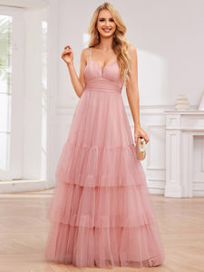 Color=Pink | Romantic Spaghetti Straps Sweetheart Neckline See-Through A-Line Layered Tulle Dress-Pink 13