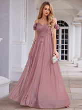 Load image into Gallery viewer, Color=Orchid | Elegant Sweetheart Neckline Flower decoration Sequin Dresses Off-shoulder sleeve Pleated Evening Dress-Orchid 4