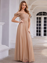 Load image into Gallery viewer, Color=Rose Gold | Elegant Sweetheart Neckline Flower decoration Sequin Dresses Off-shoulder sleeve Pleated Evening Dress-Rose Gold 8
