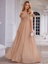 Load image into Gallery viewer, Color=Rose Gold | Elegant Sweetheart Neckline Flower decoration Sequin Dresses Off-shoulder sleeve Pleated Evening Dress-Rose Gold 9