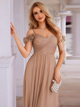 Load image into Gallery viewer, Color=Rose Gold | Elegant Sweetheart Neckline Flower decoration Sequin Dresses Off-shoulder sleeve Pleated Evening Dress-Rose Gold 10