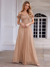 Load image into Gallery viewer, Color=Rose Gold | Elegant Sweetheart Neckline Flower decoration Sequin Dresses Off-shoulder sleeve Pleated Evening Dress-Rose Gold 6