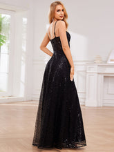 Load image into Gallery viewer, Color=Black | Exquisite Spaghetti Straps Sweetheart Neckline See-Through Sequin Evening Dresses-Black 2