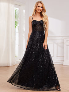 Color=Black | Exquisite Spaghetti Straps Sweetheart Neckline See-Through Sequin Evening Dresses-Black 3