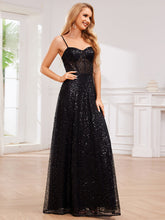 Load image into Gallery viewer, Color=Black | Exquisite Spaghetti Straps Sweetheart Neckline See-Through Sequin Evening Dresses-Black 4